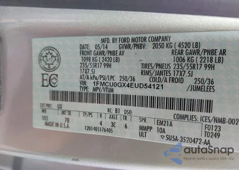 2014 Ford Escape Se from USA, damaged, VIN 1FMCU0GX4EUD54121